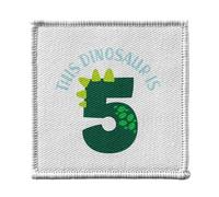 Toppa termoadesiva per vestiti, 7 x 7 cm, motivo: This Dinosaur is 5 Birthday Celebration Kids Party Gift Theme - Patch da stirare per riparazione o personalizzazione - Borsa jeans stampata in Francia