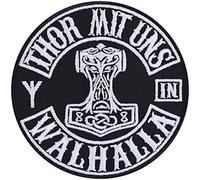 Toppa vichinga, con noi in Valhalla, toppa Vikings ricamata con il martello di Mjölnir Thor, toppa da applicare con il ferro da stiro, 90 x 90 mm
