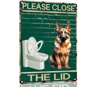 TopPacific Targa in latta con pastore tedesco, con scritta in lingua inglese "Dog Please Close The Lid ", per bagno e toilette, stile vintage, 30,5 x 20,3 cm, per bagno e WC, per gli amanti dei cani