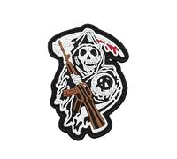 Toppe tattiche in PVC con falce e mietitore morte, toppe tattiche per morale, teschio del giudizio con design fucile, badge con gancio posteriore, fosforescente, nero, bianco, marrone, 6 cm x 8,5 cm