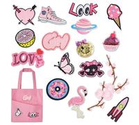 Toppe termoadesive bambini set 16 pezzi rosa - Patch ricamate da stirare o cucire per vestiti, jeans, zaini, cappelli, T-shirt - Riparazione abiti fai da te decorazioni creative