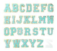 Toppe termoadesive con lettere inglesi multicolori, 52 pezzi, in ciniglia con bordi dorati(Blue(Stick-On))