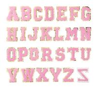 Toppe termoadesive con lettere inglesi multicolori, 52 pezzi, in ciniglia con bordi dorati(Pink(Iron-On))