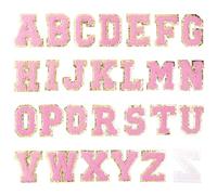Toppe termoadesive con lettere inglesi multicolori, 52 pezzi, in ciniglia con bordi dorati(Pink(Stick-On))