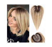 Topper Capelli Topper for capelli lisci da donna, pezzo di veri umani biondi con radice castana e sfumatura, 10X12 cm, base in seta, for Remy, for diradati o for la perdita dei Comfort