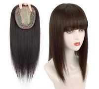 Topper con base a Y in seta con clip, 10 x 12 cm, parrucca con capelli umani lisci, chiusura superiore (20 cm, marrone moka)