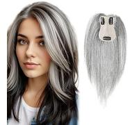 Topper donna 100% capelli umani, parrucca top con clip base 4,3"x2,75", topper capelli veri per capelli diradati, extension a clip e accessorio capillare superiore dal look naturale 30CM Colore Grigio