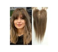 Topper for capelli umani Remy con frangia for donna, densità 150, base in seta, clip in topper, 14 pollici Extension per Capelli(Golden Brown)