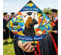 Topper per berretto da laurea, con globo, colorato, per celebrare libri blu, decorazioni per cappello per celebrazioni, ricordo dell'anno senior, 24 x 24 cm