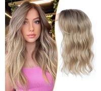 Topper per capelli da donna, 16,5 x 16,5 cm, base grande, ondulata, per diradare i capelli, attaccatura dei capelli naturale, con frangia finta, capelli sintetici da donna (biondo sfumato con radice