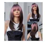 Topper per capelli Long Brown Layered Synthetic Wigs With Bangs Caramel Straight Wig Mixed Blonde Highlights Heat Resistant Fibre(Purple)
