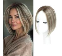 Topper per capelli per diradare i capelli, da donna, capelli veri, con aggiunta di volume extra, base svizzera, 25,4 cm (castano sfumato con riflessi biondi)