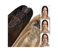 Topper per capelli umani da donna, 8 x 10 cm, fine base mono all'uncinetto, capelli indiani, capelli lisci, clip nelle estensioni dei capelli aggiungono volume (medio marrone + biondo scuro, 14