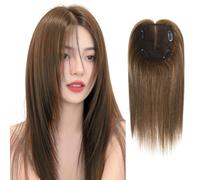 Topper per capelli umani da donna con diradamento dei capelli, sfumati, radice scura, colore evidenziato, parrucca dritta da 30,5 cm, parte centrale con clip (4# marrone chiaro)