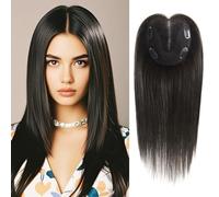 Topper per capelli umani da donna con diradamento dei capelli, sfumati, radice scura, colore evidenziato, parrucca dritta da 30,5 cm, parte centrale con clip (1B # nero naturale)
