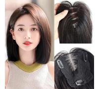 Topper per capelli umani lisci da 25 cm, 12 x 13 cm, riga centrale, senza frangia, base in pizzo svizzero, per evidenziare i capelli, per donne, con copertura per capelli grigi (#1 nero)