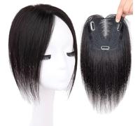 Topper per capelli umani per donne, clip in oro in pezzi per capelli con frangia 13 * 13 cm più grande base in seta 150% densità per capelli diradati delle donne(Black)