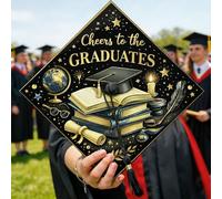 Topper per cappello da laurea, con globo, per celebrare libri classici, colore nero, decorazioni per lauree, idee per celebrazione dell'anno senior, 24 x 24 cm