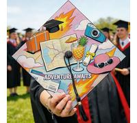 Topper per cappello di laurea, avventura pop art valigia ananas estate giallo el 2026 laureato cappello decorazioni laurea bomboniere cerimonia servizi fotografici accenti 24,9 x 24,9 cm