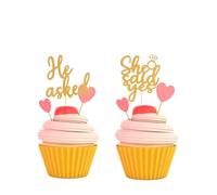 Topper per cupcake con scritta in inglese "He Asked She Said Yes", per feste di fidanzamento, addio al nubilato, feste, decorazioni glitterate per cabina fotografica