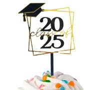 Topper per cupcake di laurea 2025 | Topper per cupcake in acrilico di grado 2025, nero e oro, stabile festa felice, casa, classe, scuola, università, scuola materna, accessori per cabina fotografica