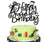 Topper per torta a tema musicale, con scritta "Happy Birthday", con microfono nero glitterato, decorazione per torte per feste a tema musicale, feste di compleanno, decorazione per torte - Stile 1