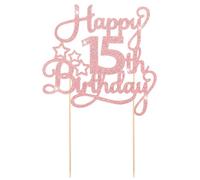 Topper per torta con scritta "Happy 15th Birthday", per festeggiare i 15 anni, con decorazioni per feste di 15° compleanno, anniversario, decorazione per torte (oro rosa)