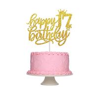 Topper per torta con scritta "Happy 17th Birthday", con glitter dorati per Hello 17, Cheers to 17 Years,17 & Fabulous, 17° compleanno, decorazione per torta (oro)