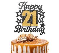 Topper per torta con scritta "Happy 21st Birthday", con scritta "Cheers to 21 Years", con glitter oro nero, decorazione per torta di compleanno per bambini, per ragazze o ragazzi, accessori per feste