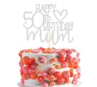 Topper per torta con scritta "Happy 50th Birthday Mum", decorazione per torta per il 50° compleanno, decorazione per torta per festa della mamma, glitter argento 50