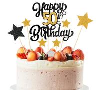 Topper per torta con scritta "Happy 50th Birthday", per 50° compleanno, nero e oro, glitterato, con scritta in lingua inglese "Cheers to 50 year", decorazione per torta per 50° anniversario, per feste
