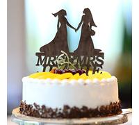 Topper per torta con scritta "Mrs And Mrs" e "Lesbian" con nome personalizzato Est Date Elegante Due spose Topper per torta Silhouette 2 Donne Bomboniere Matrimonio Regali di Nozze Donna Legno Marrone