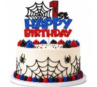 Topper per torta di compleanno a tema ragno, decorazione per torta di compleanno con glitter rosso, blu e nero, decorazione per torta di buon compleanno, topper per torta fai da te, con bastoncini di