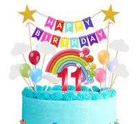 Topper per torta di compleanno per 11° compleanno, con numero 11, colore rosso, set di decorazioni per compleanno, tra cui nuvole colorate arcobaleno, palloncino, stelle, plettri per ragazzi e