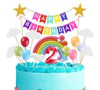 Topper per torta di compleanno per 2° compleanno, con numero 2, colore rosso, set di decorazioni per compleanno, tra cui nuvole colorate arcobaleno, palloncino, stelle, plettri per ragazzi e ragazze,