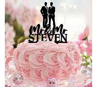 Topper per torta di coppia gay in acrilico nero rustico lui e lui topper per torta nuziale silhouette due testimoni dello sposo matrimonio fidanzamento decorazione personalizzata nome famiglia data