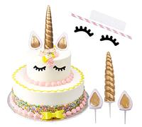 Topper per Torta di Unicorno, Decorazione della Torta di Compleanno Oro, Cake Topper con Orecchie e Ciglia di Corno Unicorno per Ragazze Ragazzi Bambini Compleanno Matrimonio Festa di Natale (Piccolo)
