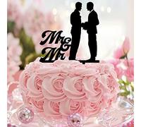 Topper per torta gay in acrilico nero con silhouette di due sposi retrò topper per torta due testimoni dello sposo decorazioni di nozze personalizza nome data di nozze uomini regali di matrimonio