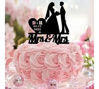 Topper per torta in acrilico nero con sagoma di Mrs e Mrs Silhouette Due spose divertente decorazione per torta nuziale 2 bomboniere per feste di nozze da donna personalizza nomi di coppia Est Date