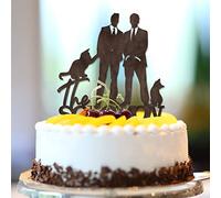 Topper per torta in legno marrone Mr & Mr Silhouette con cane gatto gay due uomini retrò topper per torta nuziale Due testimoni dello sposo bomboniere per feste di nozze personalizzare nome data est