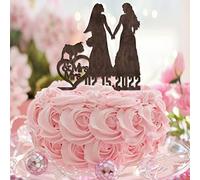 Topper per torta nuziale con scritta "Mrs And Mrs" personalizza nomi di coppia Est Date con cane gatto spiaggia due spose topper per torta silhouette 2 donne anniversario di matrimonio decorazioni per