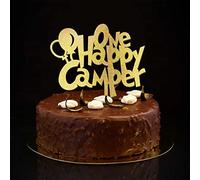 Topper per torta nuziale con scritta "One Happy Camper Mr and Mrs" e "Mr & Mrs" con glitter dorati, personalizzabili, romantici, per sposi e sposi