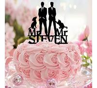 Topper per torta nuziale gay in acrilico nero con sagoma di cane gatto due uomini romantici topper per torta nuziale Due testimoni dello sposo Decorazioni per torta nuziale personalizzate Cognome Data