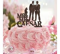 Topper per torta nuziale gay in legno con cane gatto due testimoni dello sposo e sposo divertente decorazione per torta nuziale silhouette decorazioni per coppie personalizzate nomi data est gay