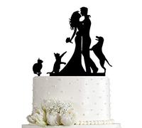 Topper per torta nuziale in acrilico con sagoma di cane e gatto che si baciano, colore: nero