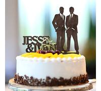 Topper per torta nuziale in legno marrone Mr & Mr Gay Silhouette Gay His And His Elegant Cake Topper Due Groomsmen Wedding Engagement Party Decor Nome personalizzato Est Date Uomini Regali 15,2 cm