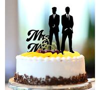Topper per torta nuziale Mr & Mr in acrilico nero con sagoma di coppia maschile in spiaggia topper per torta nuziale due testimoni dello sposo decorazioni per torta nuziale nome personalizzato data di