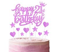 Topper per torta per 21° compleanno, rosa acceso, topper per torta per torte, cuori glitterati, stelle, regalo di compleanno, decorazioni personalizzate per torte per donne e ragazze, decorazioni per