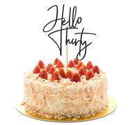 Topper per torta per 30° compleanno, decorazione per torta con scritta Hello Thirty, colore nero glitterato, decorazione per feste per lei e lui (nero 2)