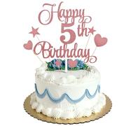 Topper per torta per il 5° compleanno con glitter oro rosa, personalizzabile per uomini, ragazzi, donne e ragazze, kit di decorazioni per torta di compleanno con stella e cuore